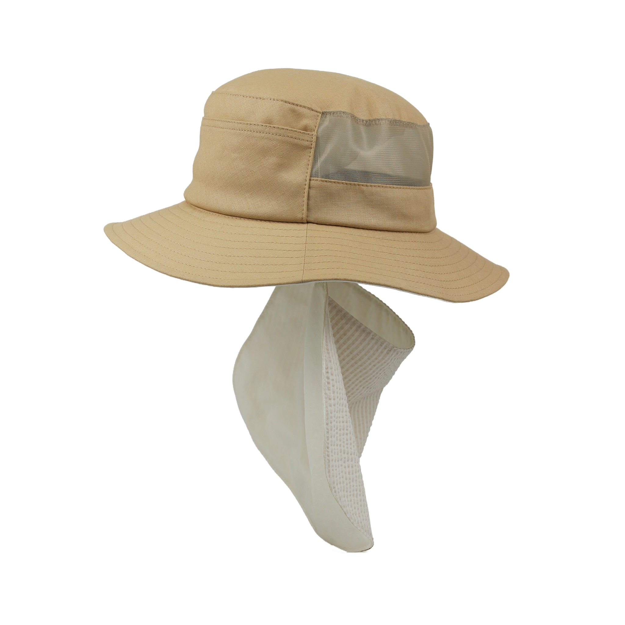 B-21-10｜【UVケア・洗える】綿 麻混 後ろたれ付きメッシュ切替UVハット
